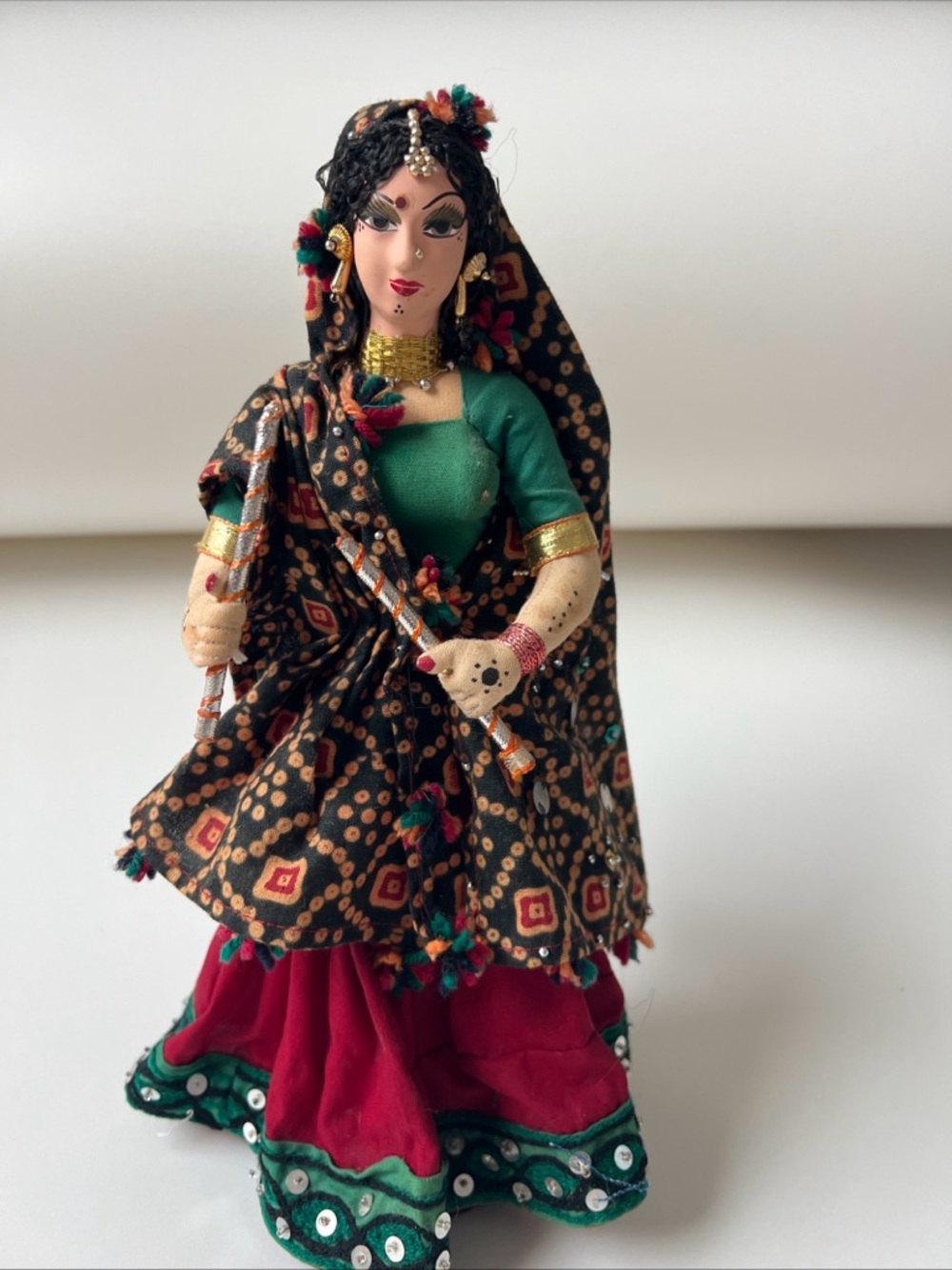 Handcrafted Indian Dancer Doll in Black, Green & Red